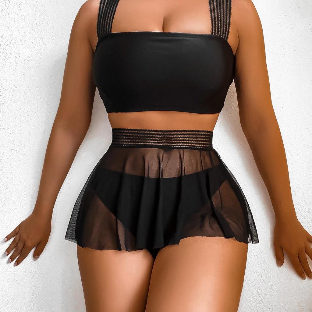 European & American Sexy Three-Piece Mesh Swim Set: Wide Shoulder Strap Dress, Shirt, Bikini