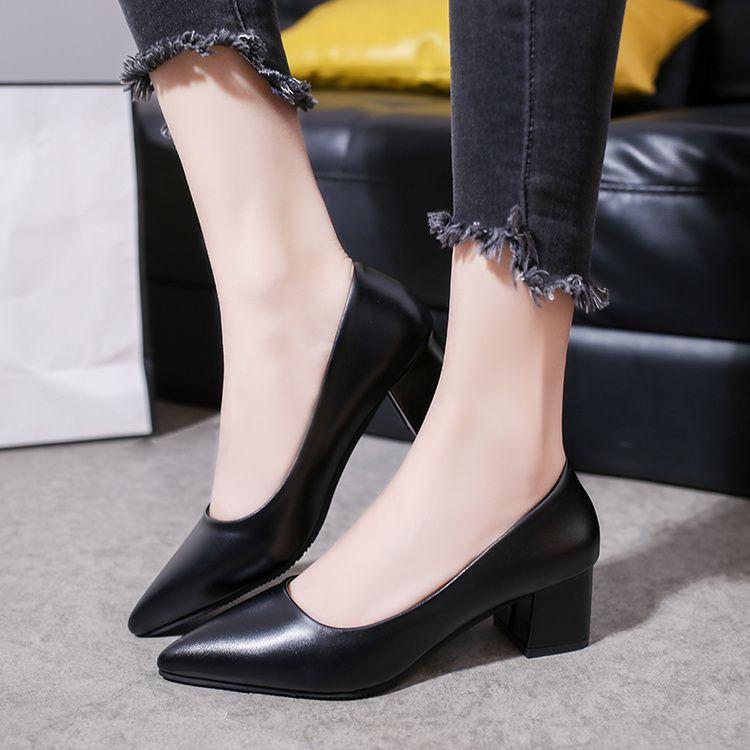 

Shoes for Women Pointed Toe Block Heel Square Heels with Medium Woman Footwear Shallow Gun Color Formal Chunky Non Slip Young On 34