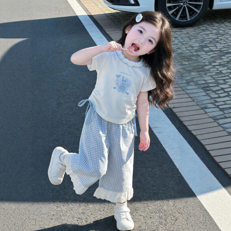 Girls' Korean-Style Summer Lace Top & Plaid Wide-Leg Pants Set