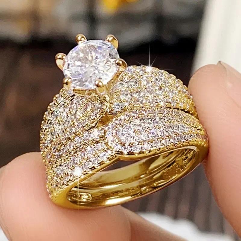 2Pcs Set Full Bling Iced Out Cz Rings Fashion Jewelry For Women /Gold Color Luxury Wedding Accessories