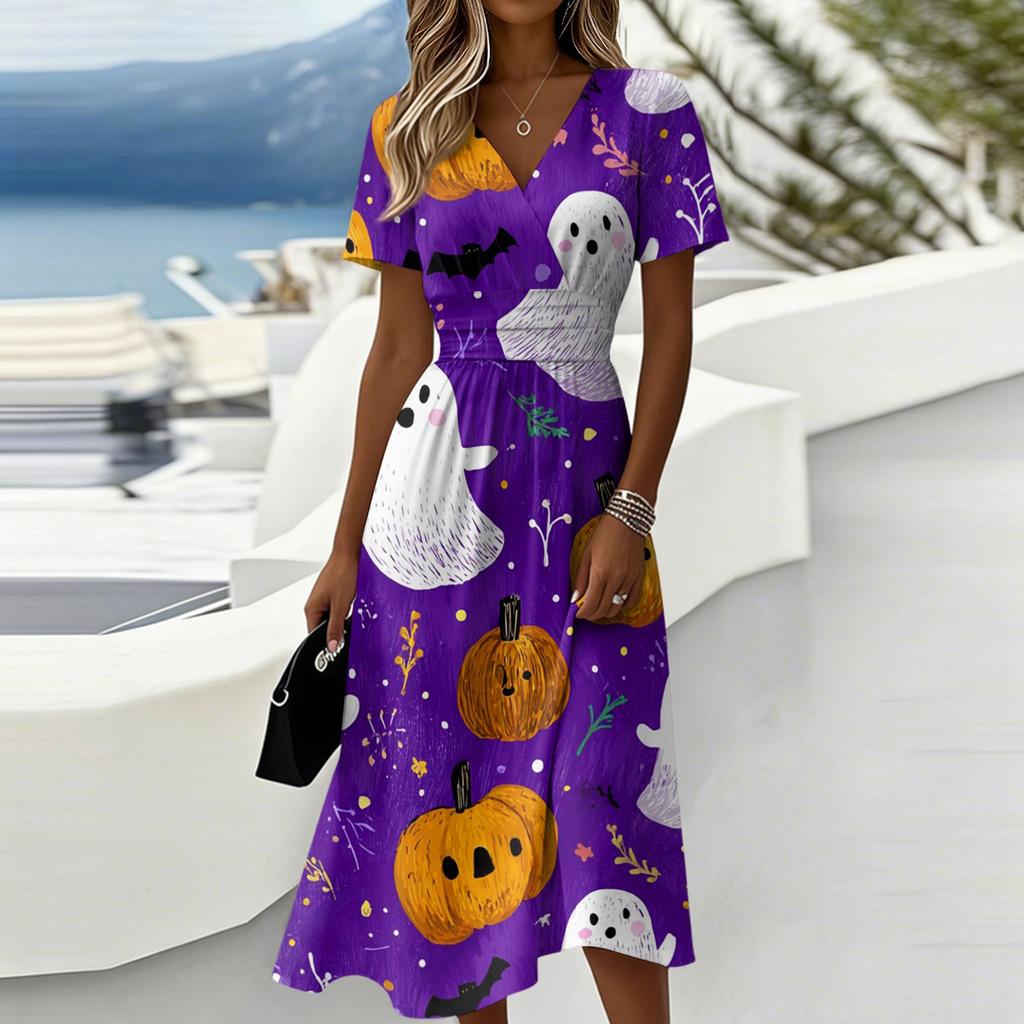 Women Halloween Printed Casual V Neck Short Sleeve Midi Dress with Patchwork Leaf and Pumpkin Pattern for Holiday Party