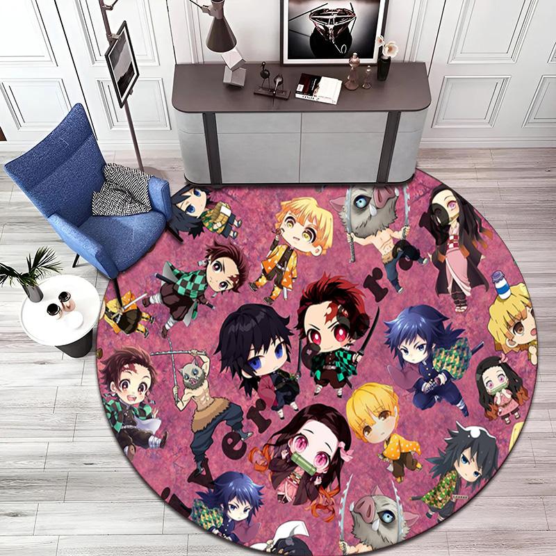 Classic Japanese-style Cartoon Demon Slayer Round Rug, Home Soft Decorative Anti-slip Yoga Mat and Chair Mat, Outdoor Floor Mat Carpet K24