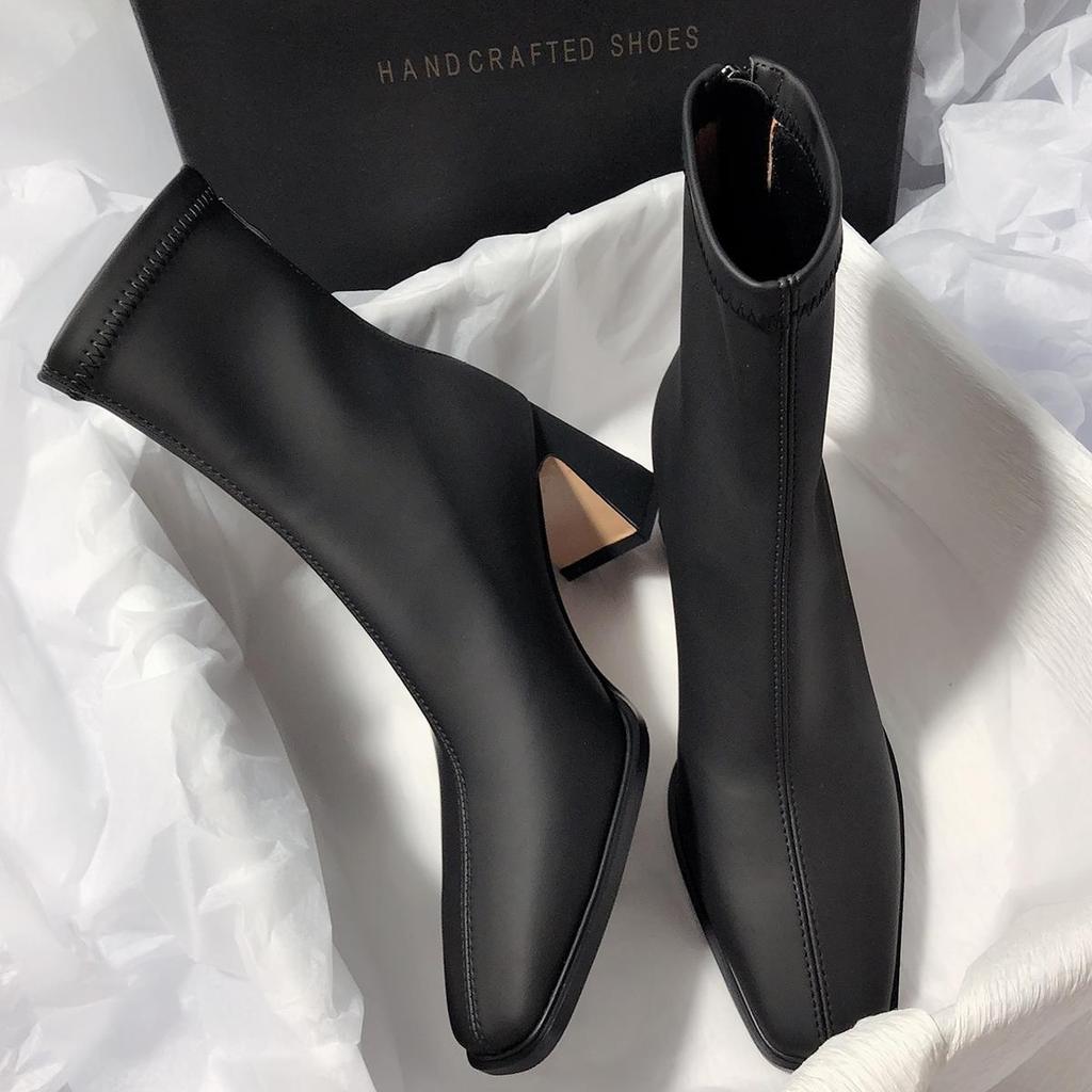 Square head thick heel elastic thin boots temperament versatile short boots 2025 autumn and winter new French soft leather high heels women