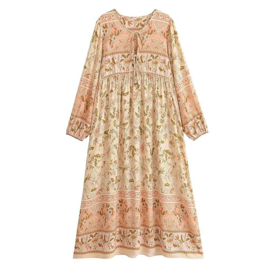Autumn European and American Women's Cotton Print Tassel Bohemian Beach Long Sleeve Dress