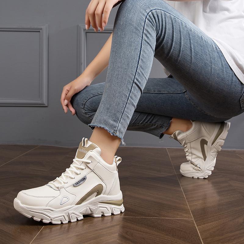 Four Season Model with Thick Bottom and Increased Height Women's Shoes Sports Casual Shoes Large Size Microfiber Leather Waterproof Sports Shoes