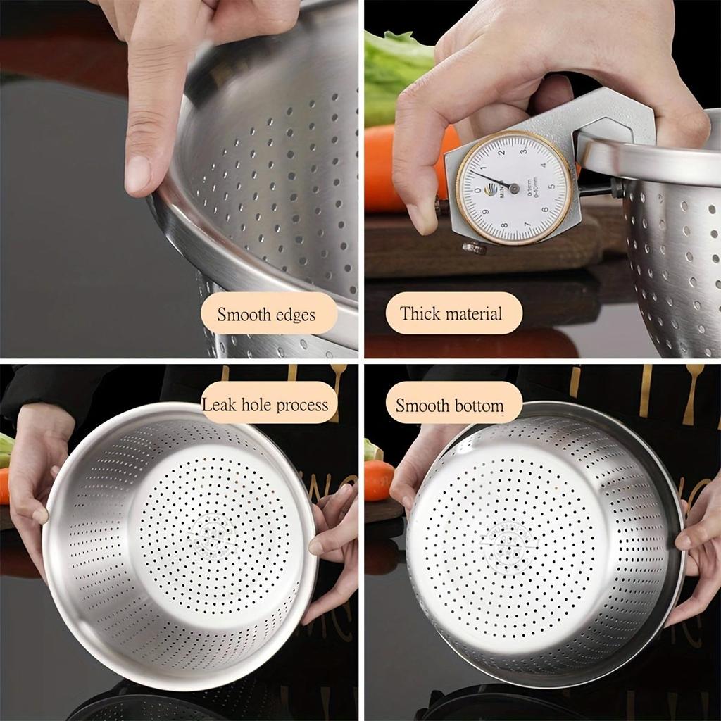 1pc Kitchen Bowl Strainer Holes Washing Rice Sieve Strainer Fruits Vegetable Drain Bowl Stainless Steel Mesh Storage Basin Plate