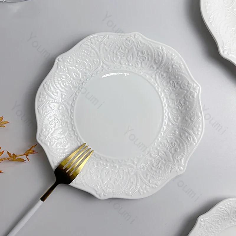 Creative Relief Flower Shape Ceramic Plate Home Breakfast Exquisite Solid Color Tableware Light Luxury Restaurant Dessert Plate