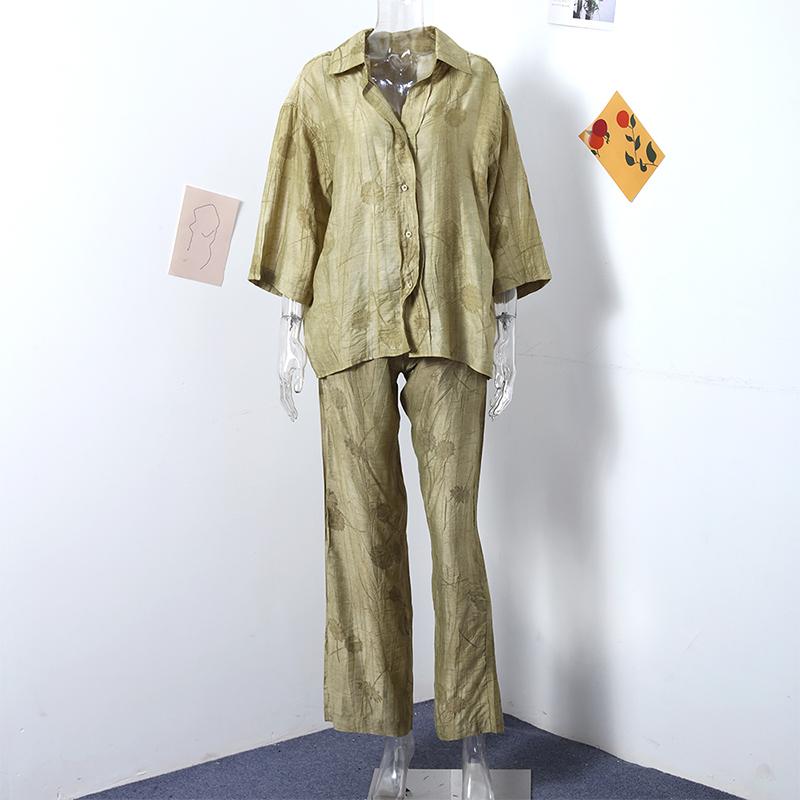 New Linen Tie-dye Print Long Pants Sets For Women Lapel Half Sleeve Single Breasted Shirts Drawstring Wide Leg Pant 2 Pieces Set