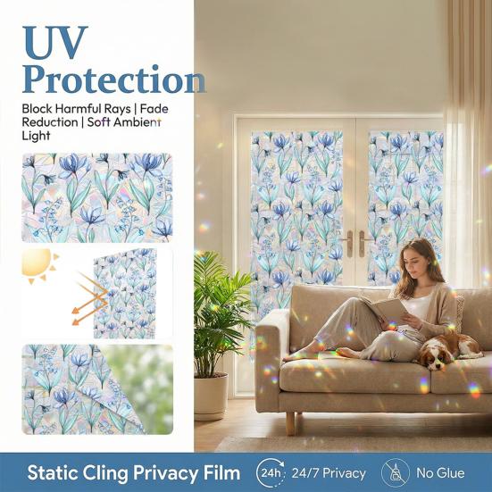 Window Privacy Film Wildflower Decorative Static Cling Vintage Floral Butterfly Window Stickers Non-adhesive Easy Care Decals for Home Kitchen Living