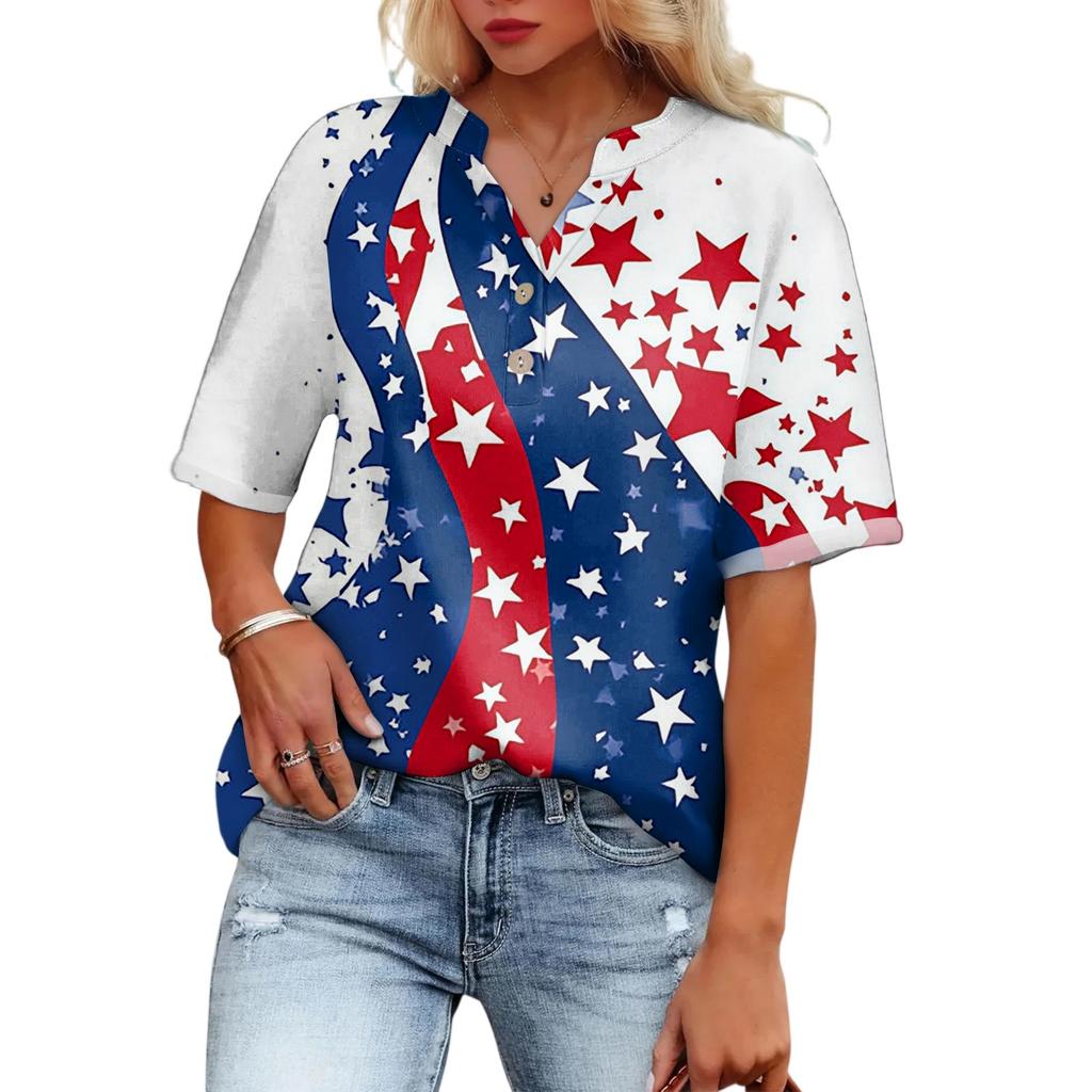 Women's Casual Fashion V-Neck Button Independence Day Print Short Sleeve Top