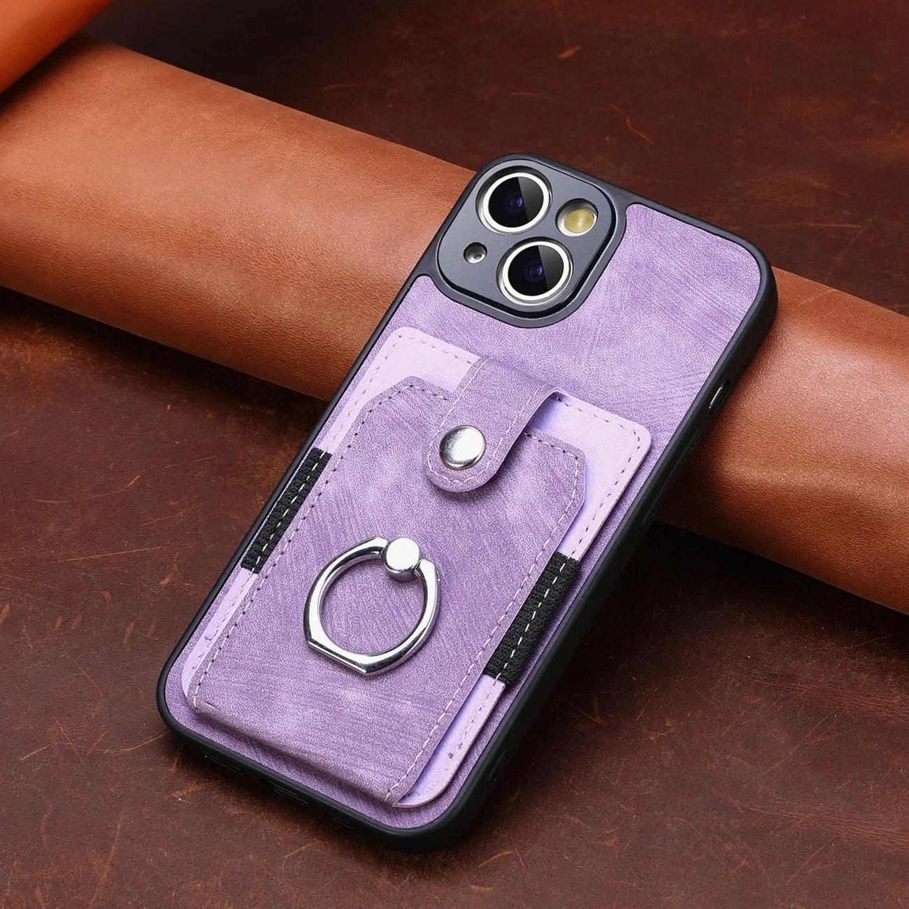

Шкіряний чохол для телефону з гніздом для картки гаманця для iPhone 15 14 13 12 11 Pro XR X XS Max 8 7 Plus з магнітним тримачем для кільця на пальці iPhone X(XS) фіолетовий