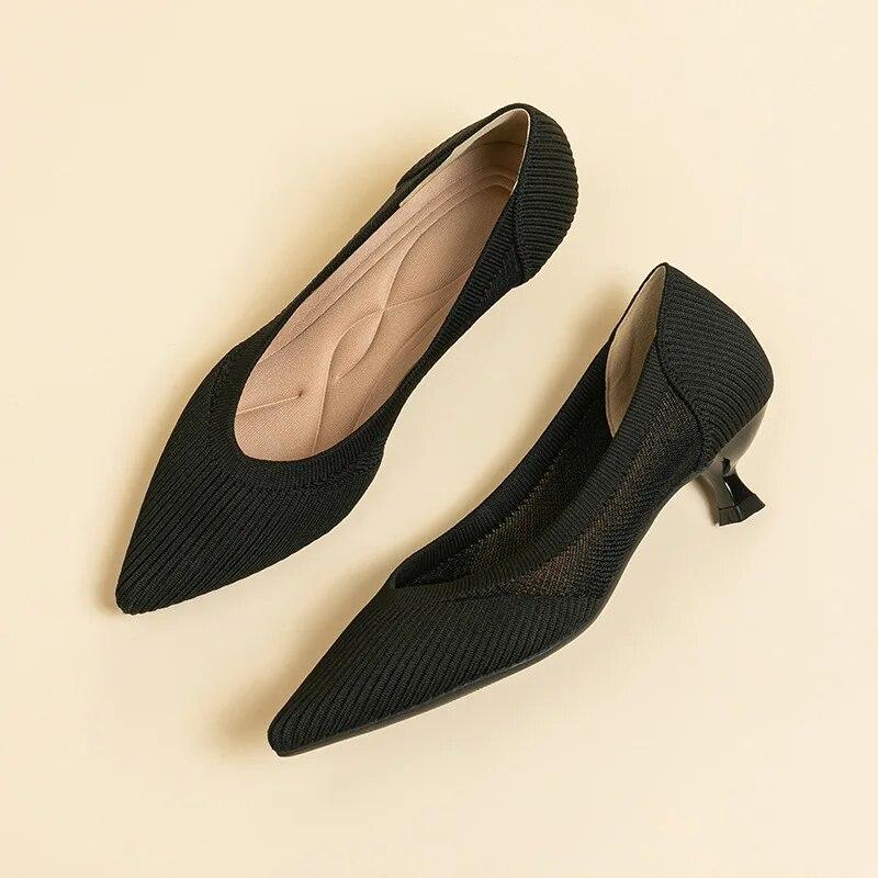 Zapatos de mujer de primavera 2024, zapatos de tacón bajo con punta puntiaguda de Color sólido, zapatos de trabajo de suela de goma antideslizantes transpirables de punto