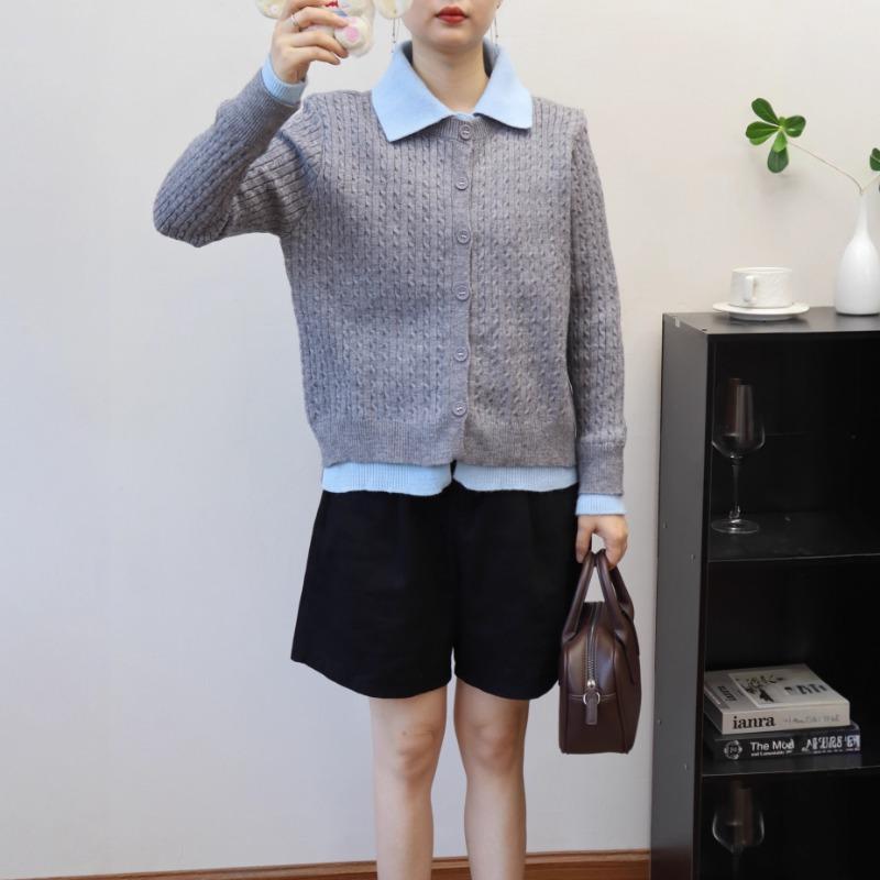 Polo Collar Long-sleeved Knitted Cardigan Autumn and Winter New Loose Design Fake Two-piece Splicing Sweater Jacket Women
