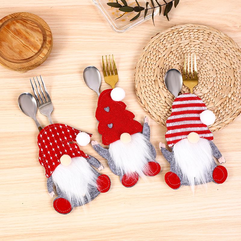Christmas Gnome Cutlery Set: No-Face Old Man Knife & Fork with Rudolph Bag - Festive Decoration Supplies