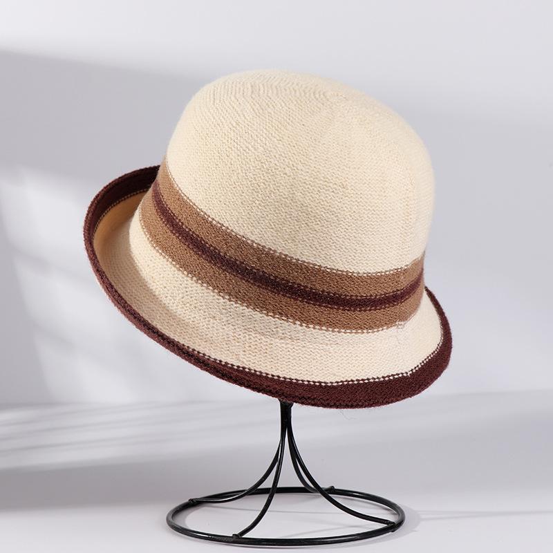 Season Hat Damen Gestrickter, gekräuselter Jazz-Zylinder, Outdoor-Spiel, britischer Stil, explosionsartig gestreift, farblich passender Beckenhut, Flut
