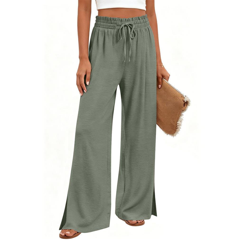 Wide Leg Drawstring Waist Pants for Women High Waist Loose Fit Split Hem Lightweight Casual Trousers for Everyday Wear