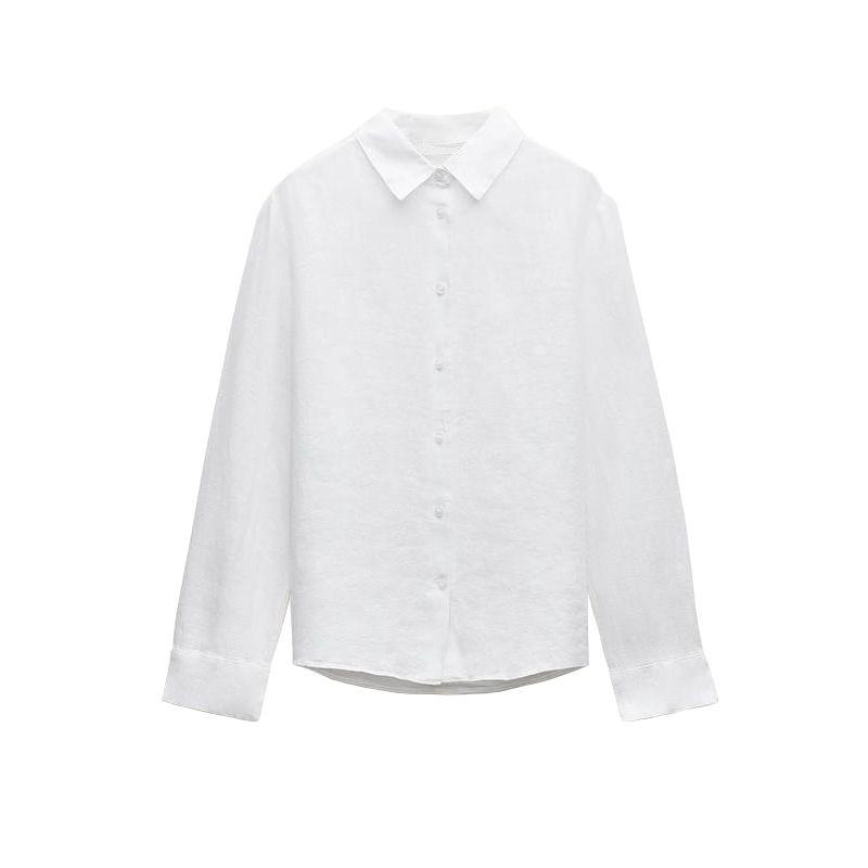 

Spring New Simple Lapel Long Sleeves Linen Blended Shirt 4877078 Mid Waist Loose Pants 4877101 Top L