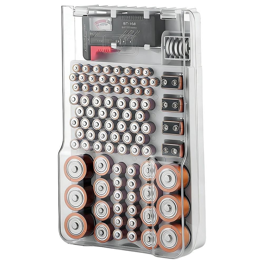 93-Battery Plastic Organizer with Tester and Clear Hinged Lid 30.6x17.8x5.5cm for AA AAA C D 9V Battery Storage