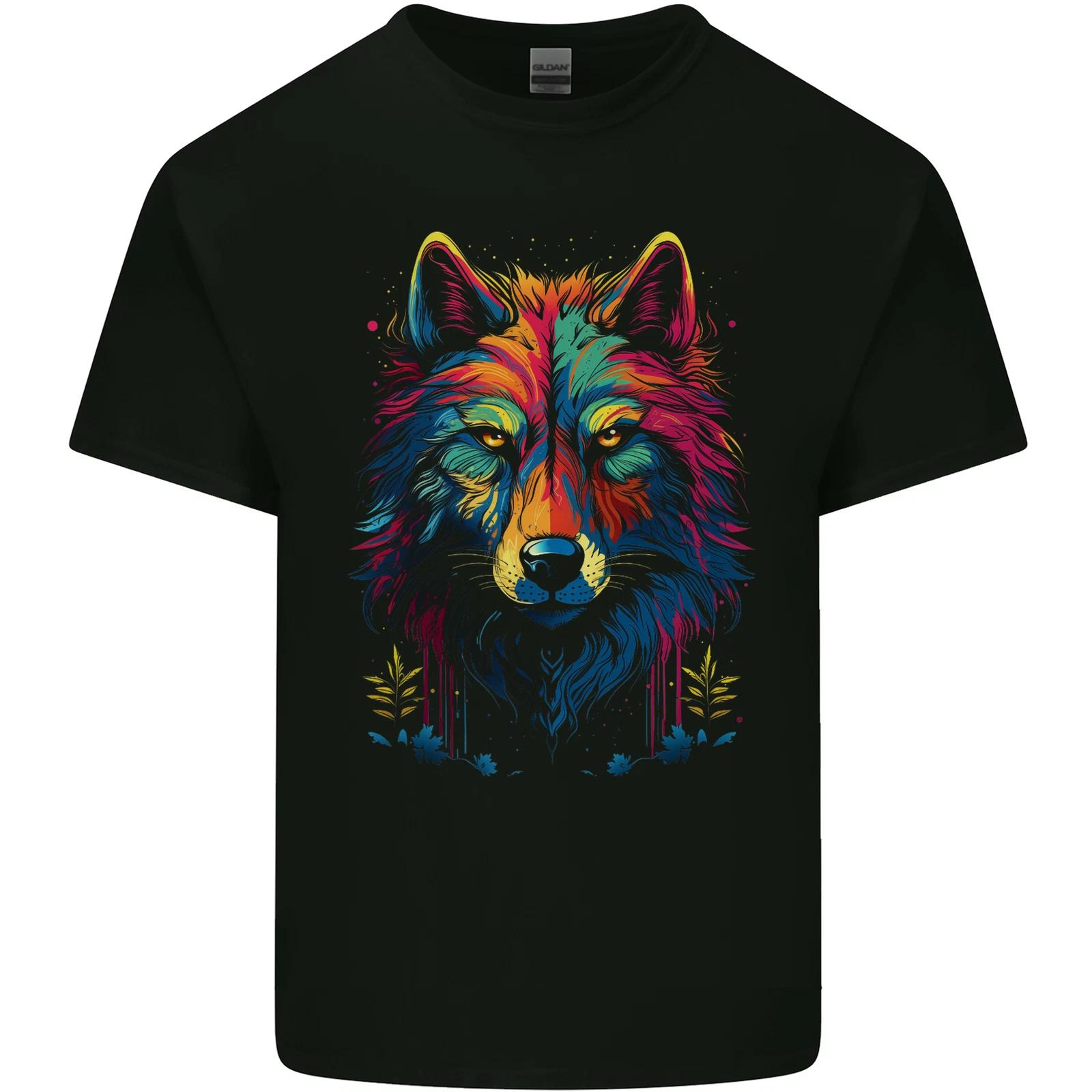 Colourful Fantasy Wolf Face Kids T-Shirt Childrens S
