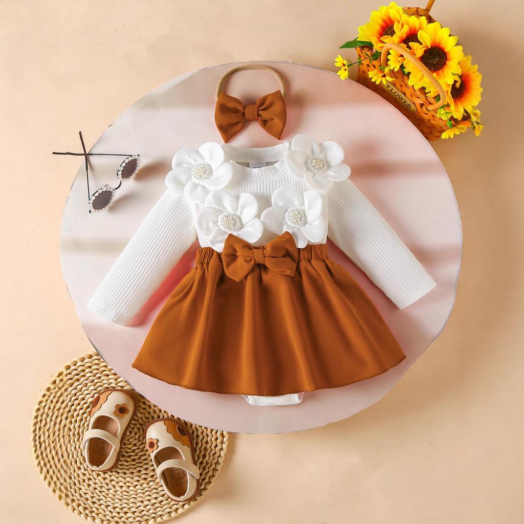 Girls' Long Sleeve Dress & Headband Set with 3D Flowers