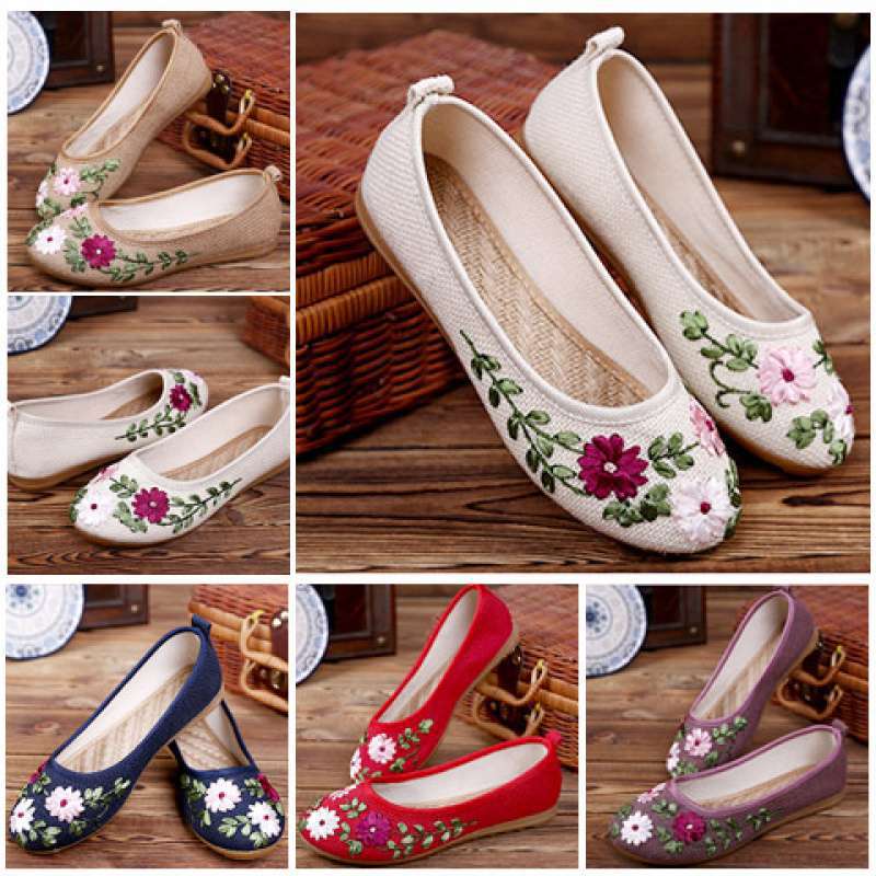 Frühlings- und Sommer-Damen-Stickschuhe alte Nordstoffschuhe Damenschuhe Ethno-Stil Schuhe Oma mittelalterliche und ältere Mutter flach s