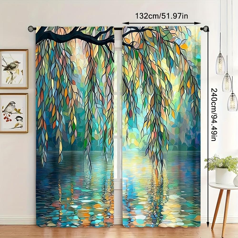 2pcs, All-Season Art Deco Style Curtains, Modern Willow Trees by River Stained Glass Pattern, Polyester, Perfect for Adding