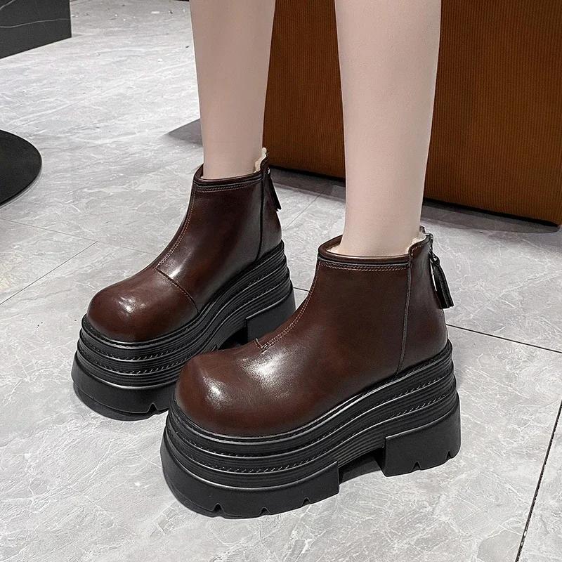 Fashion 10CM New Women Winter Chunky Ankle Snow Boots High Platform Fur Shoes Wedge Heels Plush Warm Short Boots Leather Chelsea Botas