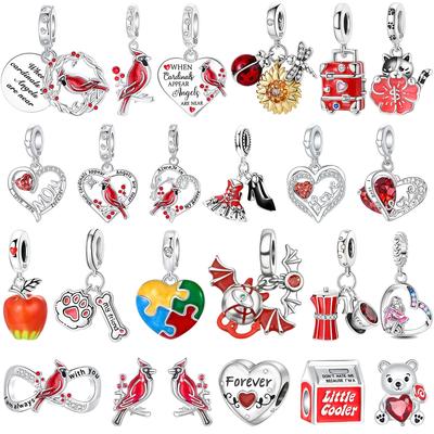 New Original Copper Red Charms Red Bird Heart Mushroom Beads Pendants Fit Bracelet Necklace Diy Jewelry Gift
