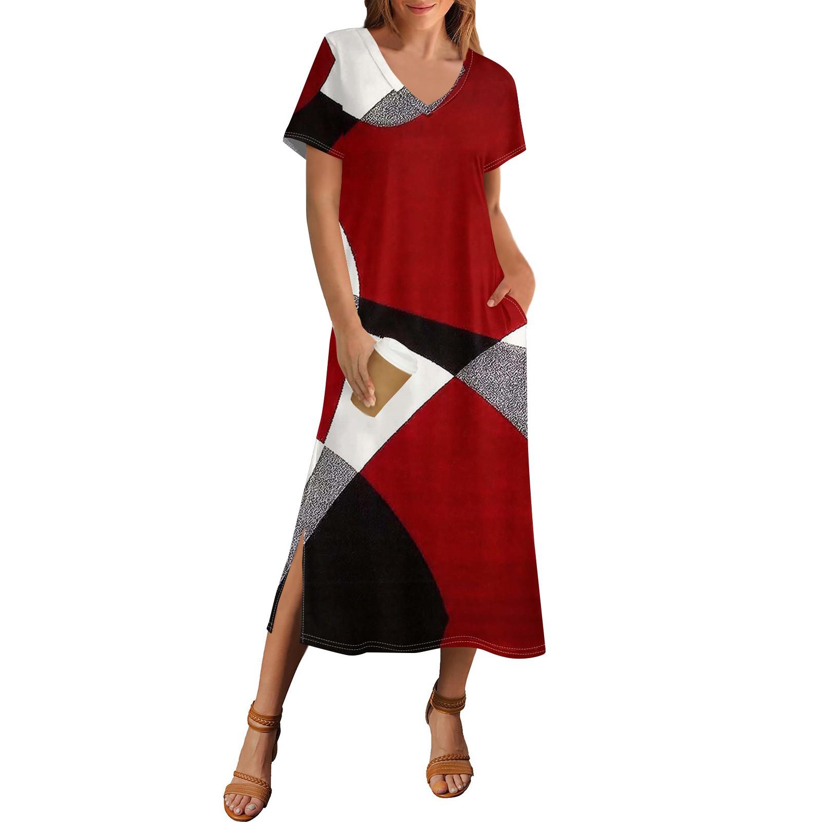 

Женское летнее винтажное платье с принтом в стиле пэчворк, пляжное платье с коротким рукавом и карманом, повседневное платье с V-образным вырезом и боковыми разрезами XL красный