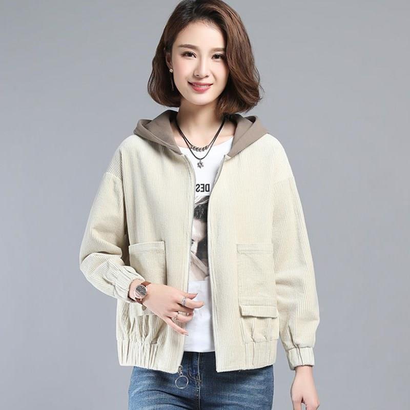 2024 Autumn Women's Plus Size Hooded Corduroy Jacket - Korean Style