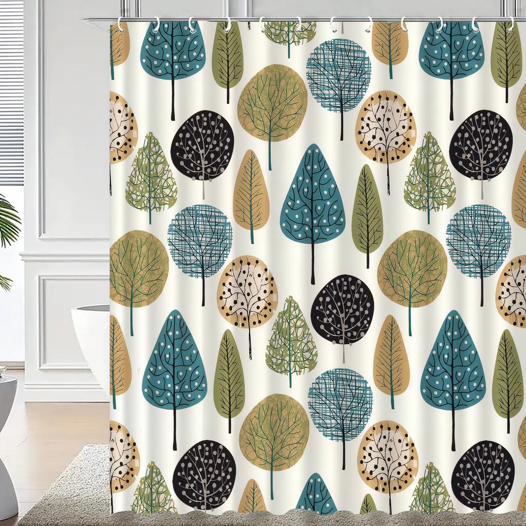 Elegante Tenda da Doccia con Motivo ad Albero, Blu/Verde/Beige/Nero, Lavabile in Lavatrice, Include Ganci, Decorazione Bagno Multifunzionale