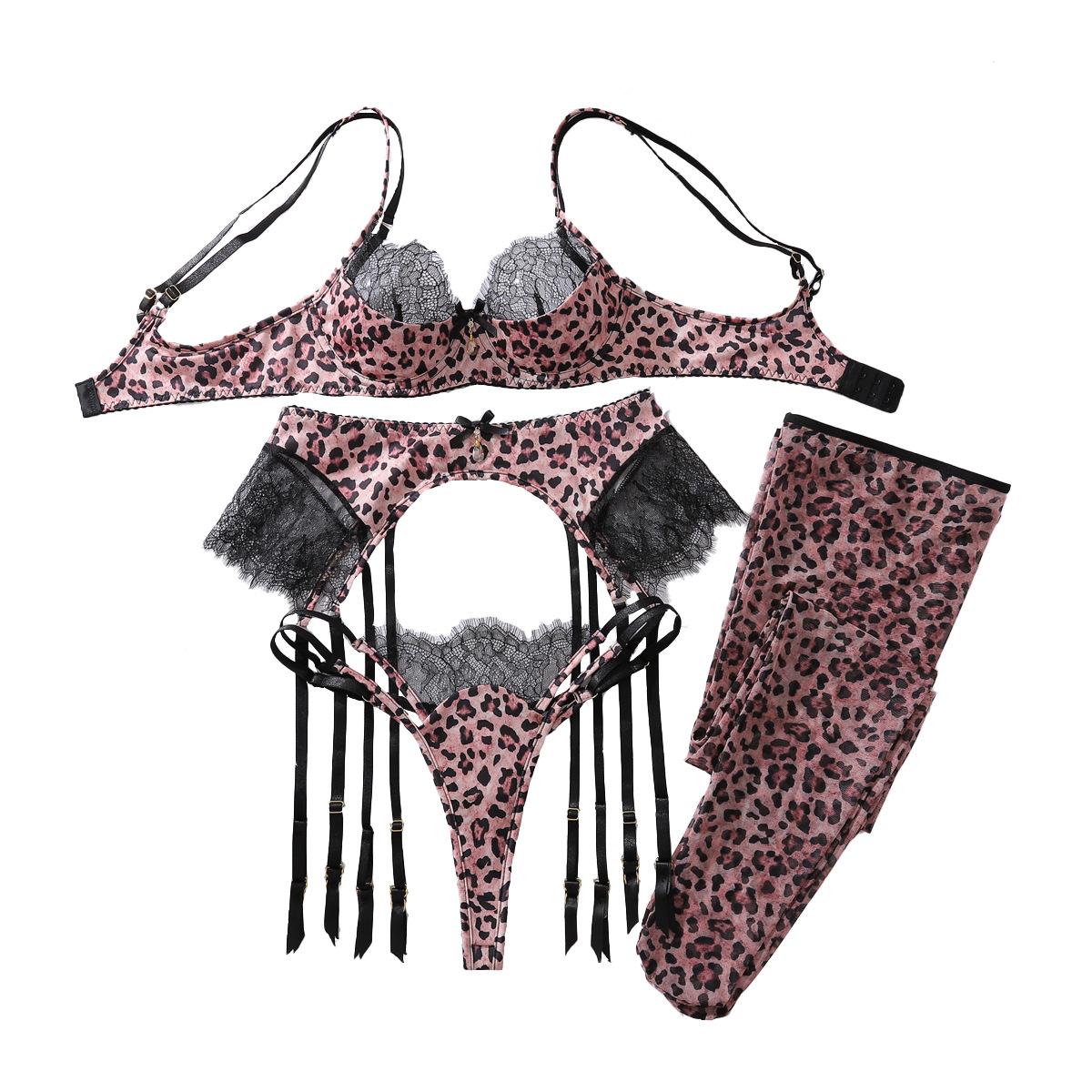 CINOON Women Sexy Leopard Print Push Up Bra Set Double Shoulder Strap Lace Splice Lingerie Outfit With Thigh High Stockings S леопардовый