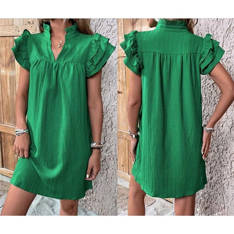 Women's Ruffled Sleeve V-Neck Mini Dress Casual Loose Fit Summer Dress
