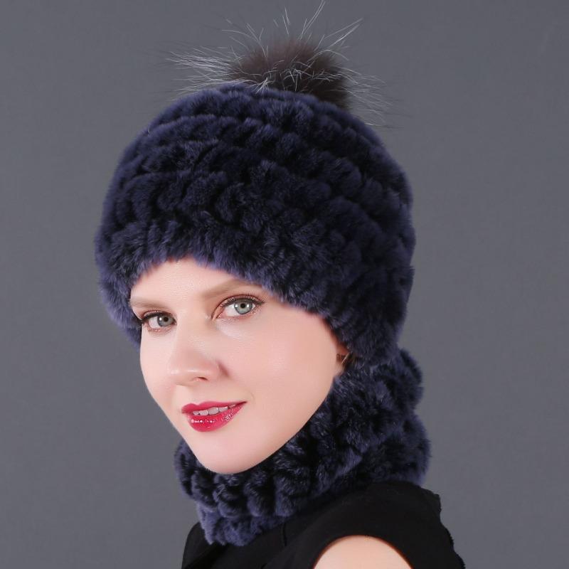 New hat scarf winter thickened thermal hat Rex rabbit fur grass Rex rabbit fur scarf two-piece set