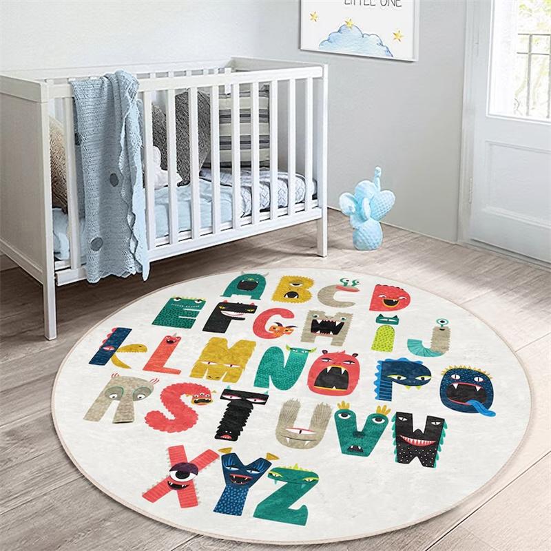 Letters Round Rug Alphabet Floor Carpet Train Non Slip Circle Rugs Animal Anti Slip Mat Beige Toddler Area Rugs for Kid's Room