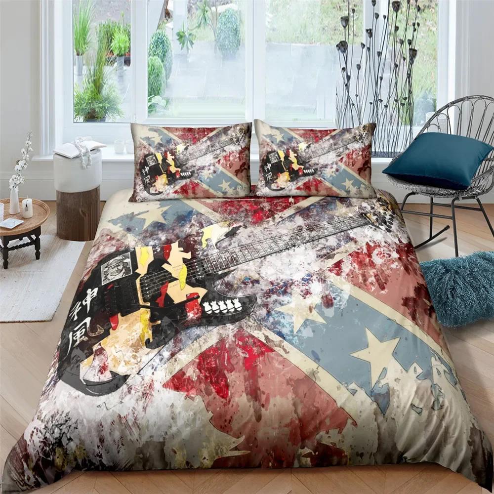 Music Guitar Heavy Metal Punk Rock Comfortable Duvet Quilt Cover Pillowcase Bedding Set Children Bedroom Decoration Home Textile