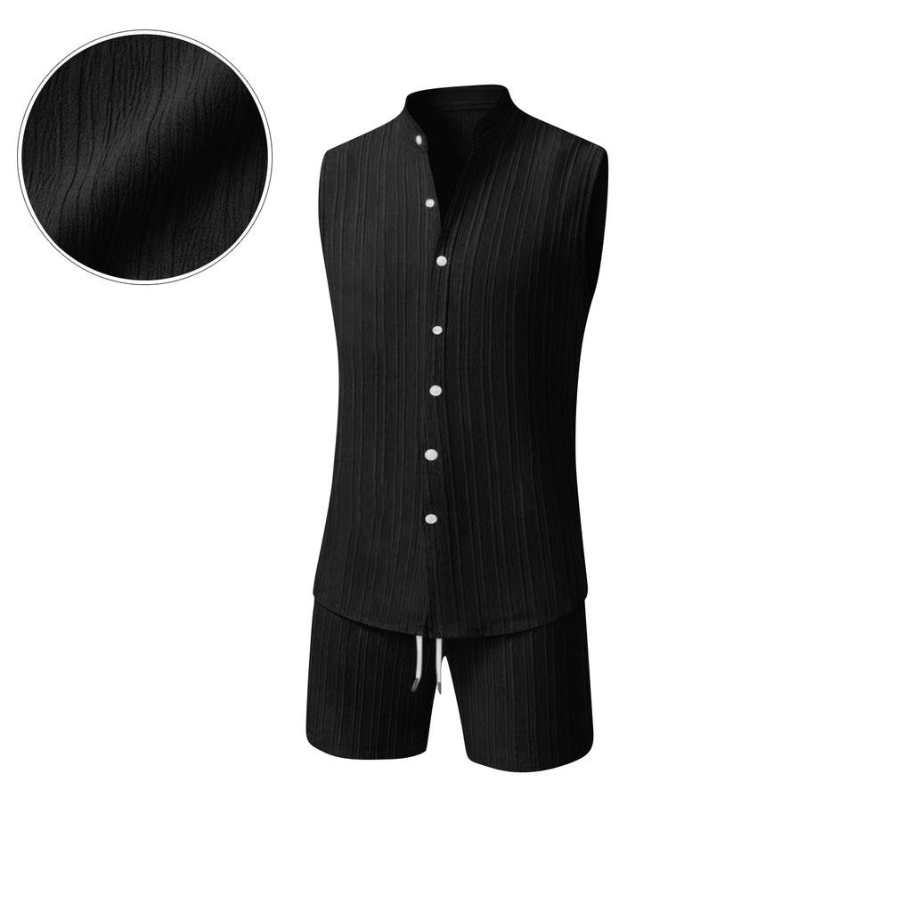 Men Sleeveless Button Down Shirt Vest and Shorts Set Lightweight Casual Summer Beachwear Two Piece Outfit for Outdoor Activities