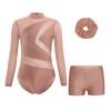 Girls Mesh Long Sleeve Cutout Back Sparkly Rhinestone Leotard V Front Waistband Shorts Hairband Gymnastics Set