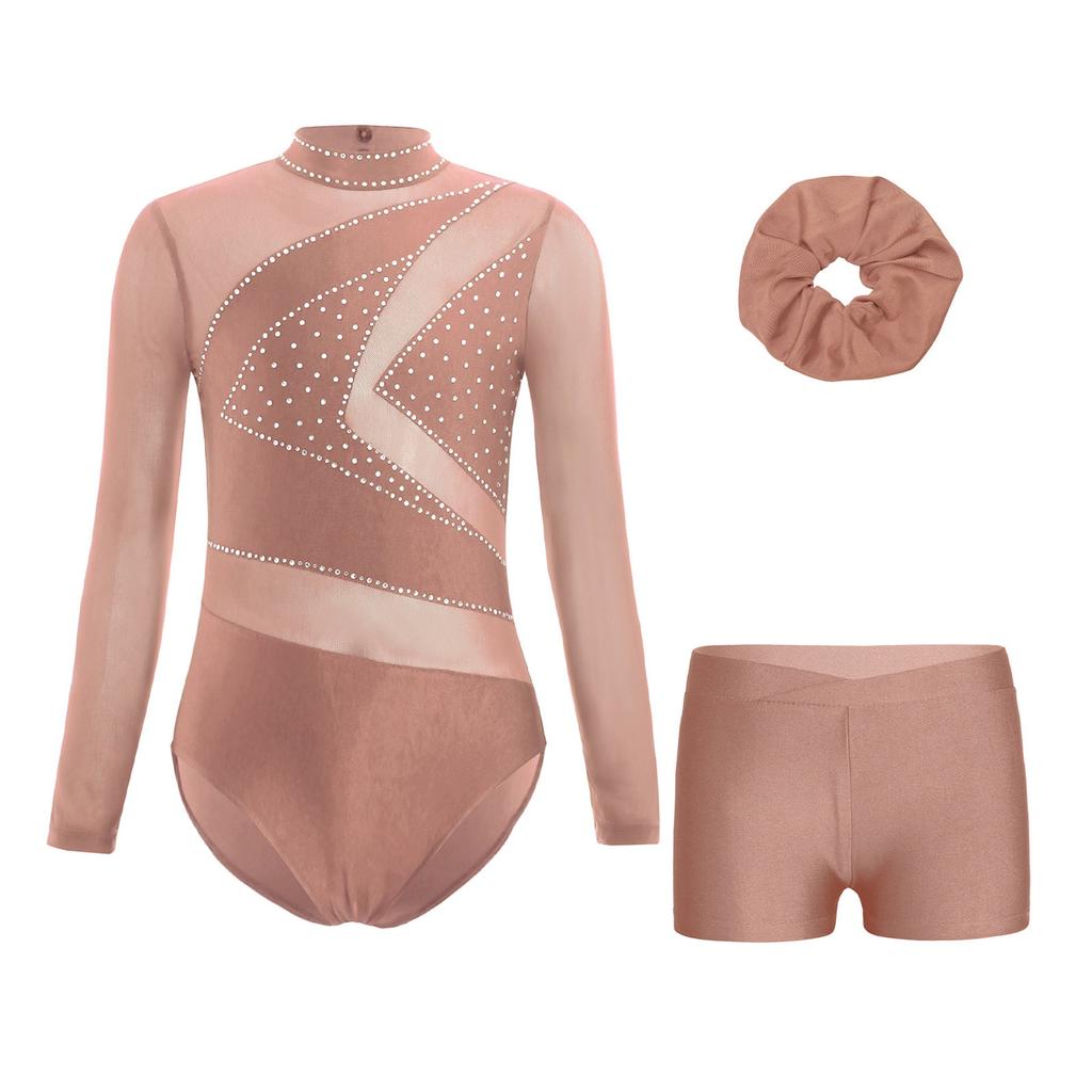 Girls Mesh Long Sleeve Cutout Back Sparkly Rhinestone Leotard V Front Waistband Shorts Hairband Gymnastics Set
