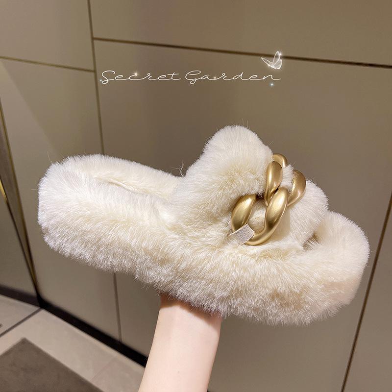 Muffin Large Size Thick Bottom Height Increase and Fluffy Slippers Women's Outer Wear Spring and Autumn Fashion Plush Office Home Cotton Mop