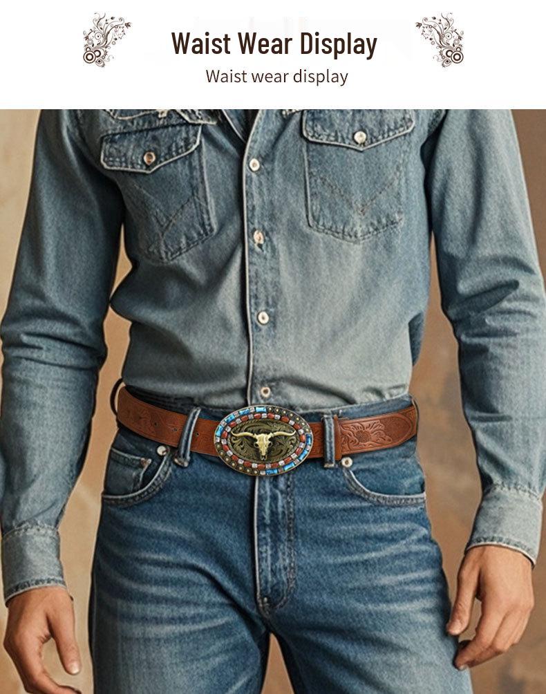 Men's Bull Head Western Leather Belt with Large Buckle