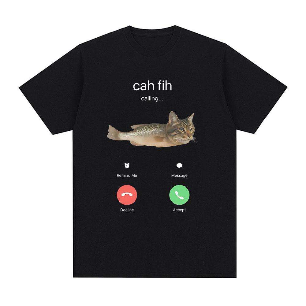 Cah Fih Meme TShirt Funny Calling Cat Fish Hybrid Meme T Shirt Absurd Humor Internet Culture Gift Short Sleeves Tshirts 3XL