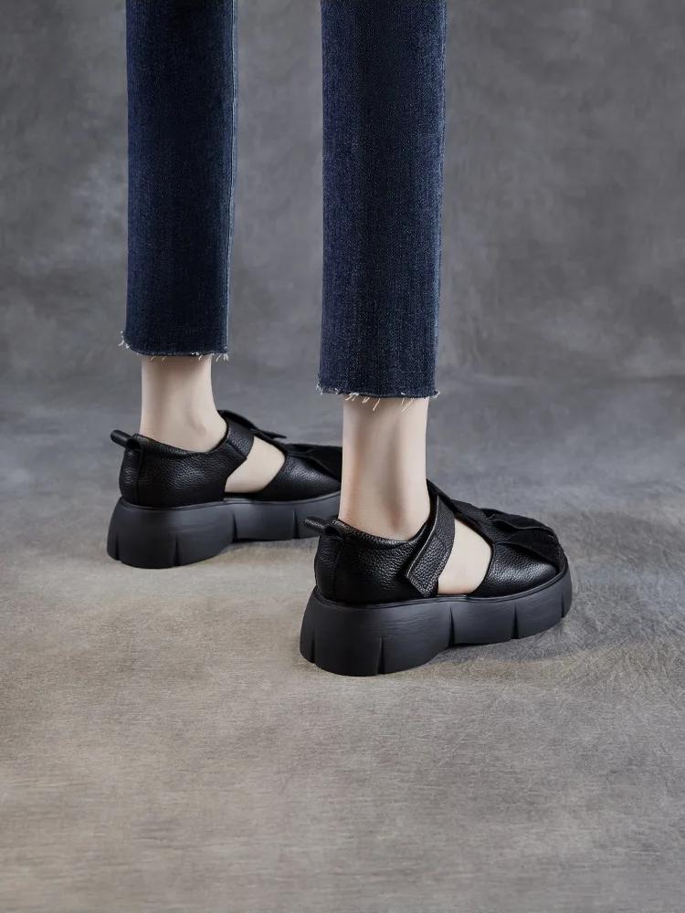 Johnature Retro Thick Soled Sandals Genuine Leather Comfortable Round Toe Versatile Women's Platform Shoes