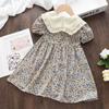 Big Lapel Bow Floral Skirt Summer Korean Style Girls Children's Clothing Doll Collar Dress Puff Sleeves Waist Princess Skirt