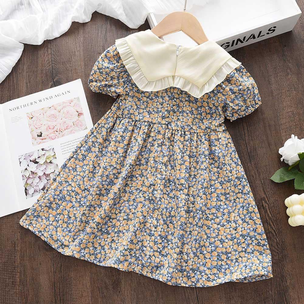 Big Lapel Bow Floral Skirt Summer Korean Style Girls Children's Clothing Doll Collar Dress Puff Sleeves Waist Princess Skirt