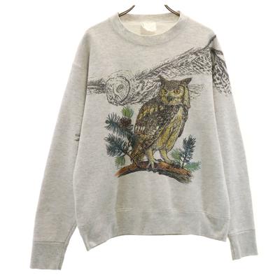 90s Old Long Sleeve Sweat Trainer Gray Fleece Lining Owl Men's Used