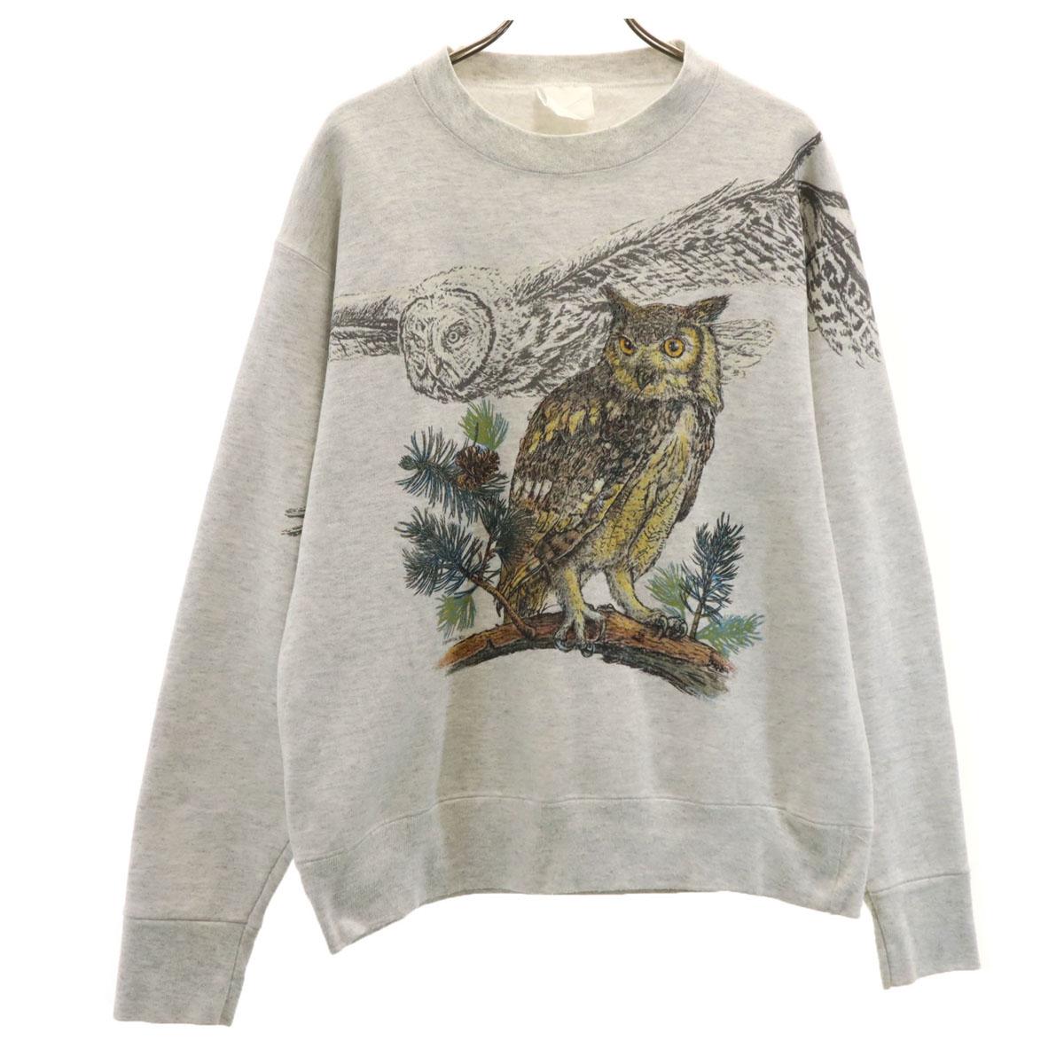 

90s Old Long sleeve sweat trainer gray Fleece lining owl Men s Used