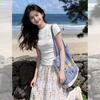 2026 set floral long skirt skirt two-piece set round neck slim-fitting front shoulder short-sleeved top T-shirt summer sweet