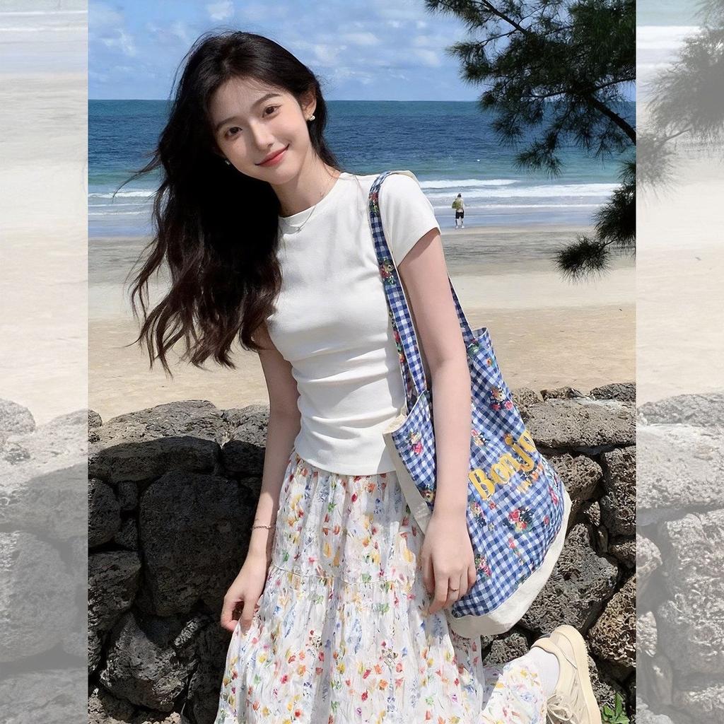 2026 set floral long skirt skirt two-piece set round neck slim-fitting front shoulder short-sleeved top T-shirt summer sweet