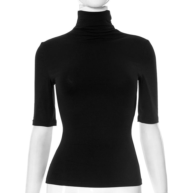 Y25TP032 Women's Solid Color High Neck Short Sleeve Bodycon T-Shirt for Spring/Summer